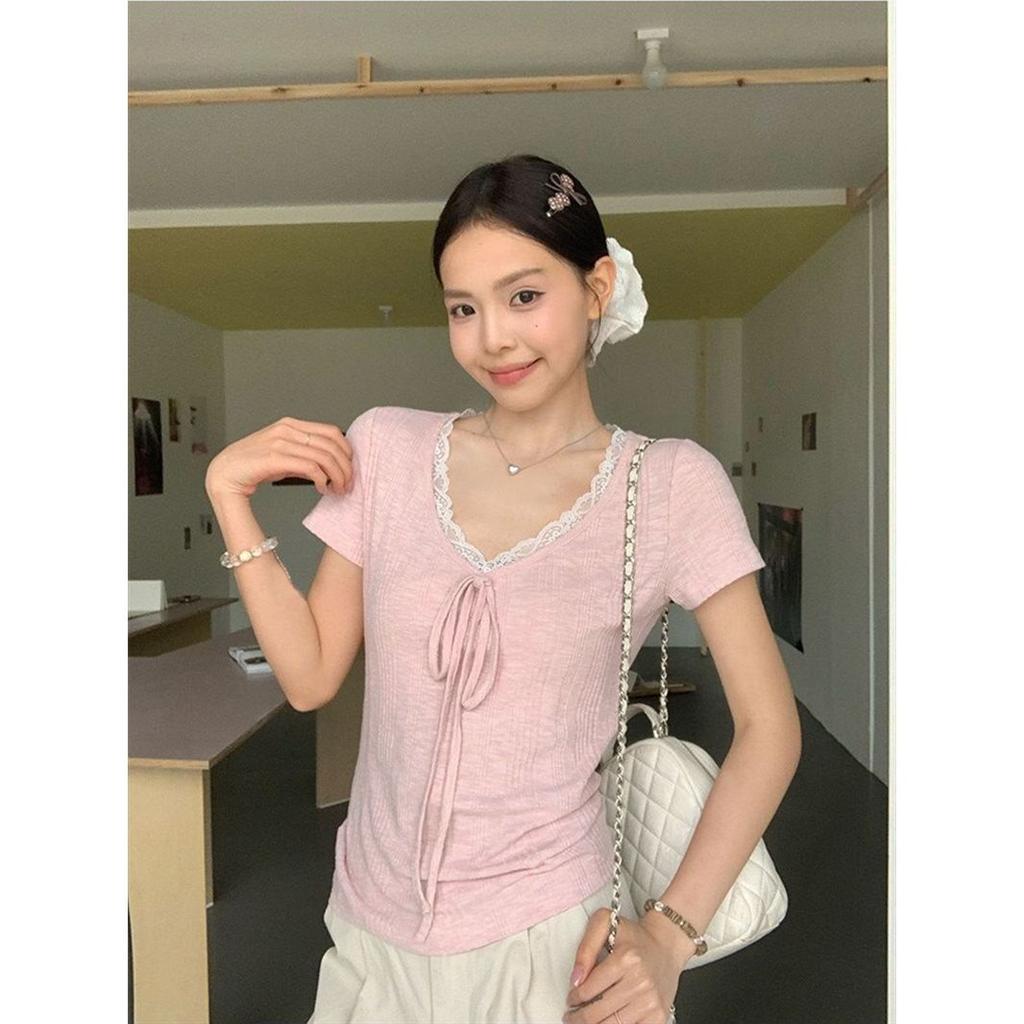 Song Zhengen Purple V-Neck Lace Strap Short Sleeve T-Shirt Women's Summer Korean Slim Skinny Shoulder Versatile Top
