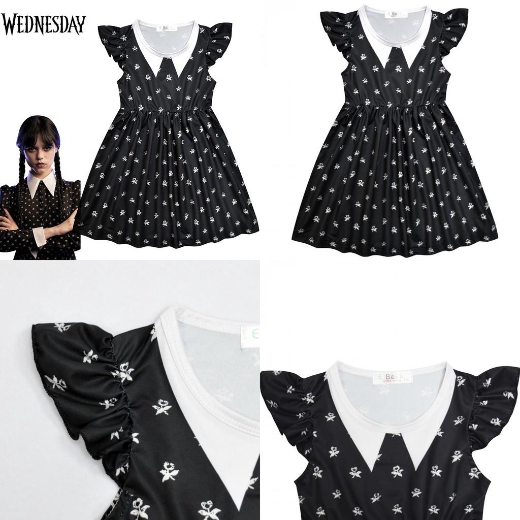 Kids The Addams Family Wednesday Cosplay Costume Soft Black Milk Silk Dress