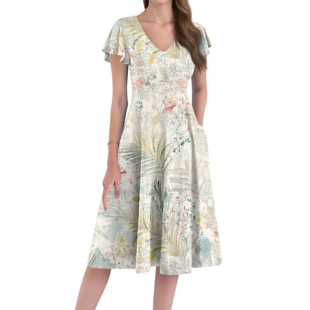 A Casual And Fashionable V-Neck Short-Sleeved Medium-Length Dress With Floral Prints For Women
