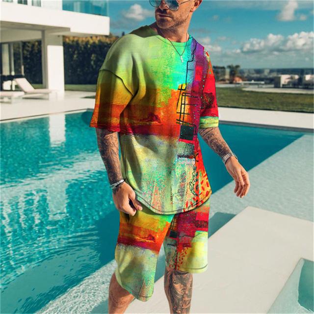 Set de tricou Camouflage retro Splash Ink Imprimare 3D Pantaloni scurți cu mânecă scurtă Moda hip-hop de vară Costum de îmbrăcăminte sport pentru bărbați