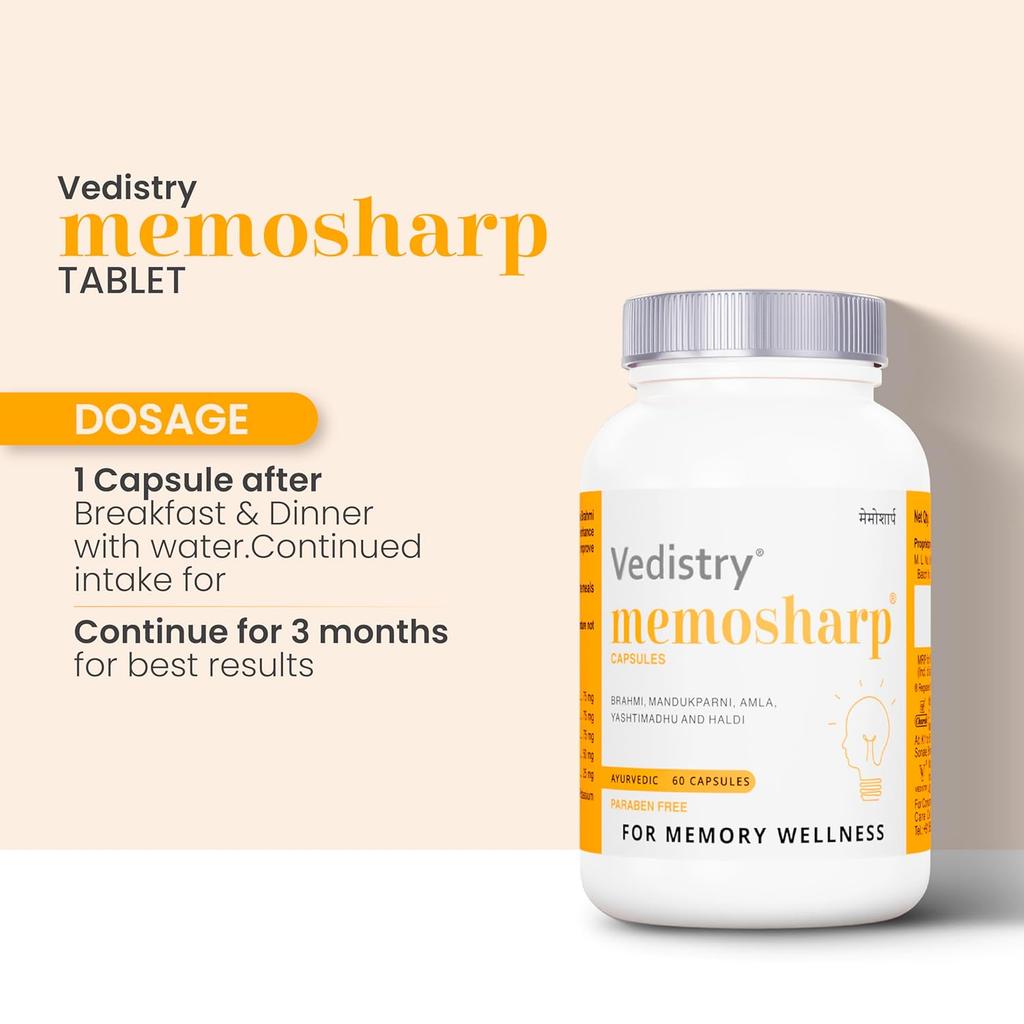 Vedistry Memosharp Memory Wellness Capsules Ayurvedic Brain Support Supplement For Focus Clarity Concentration  60 Capsules X Pack Of 2