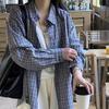 Blue Retro Plaid Lapel Shirt Top Women's Spring and Autumn Loose and Thin Casual Lazy Style Plaid Lining Jacket