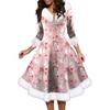 Women's Fashion V-neck Casual Fit Christmas Print Party Long Sleeve Dress