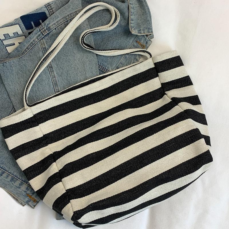 1Pcs Fashion Large Capacity Ladies Tote Handbags Simple Striped Women'S Canvas Casual Shoulder Bags Female Daily Shopping Bags