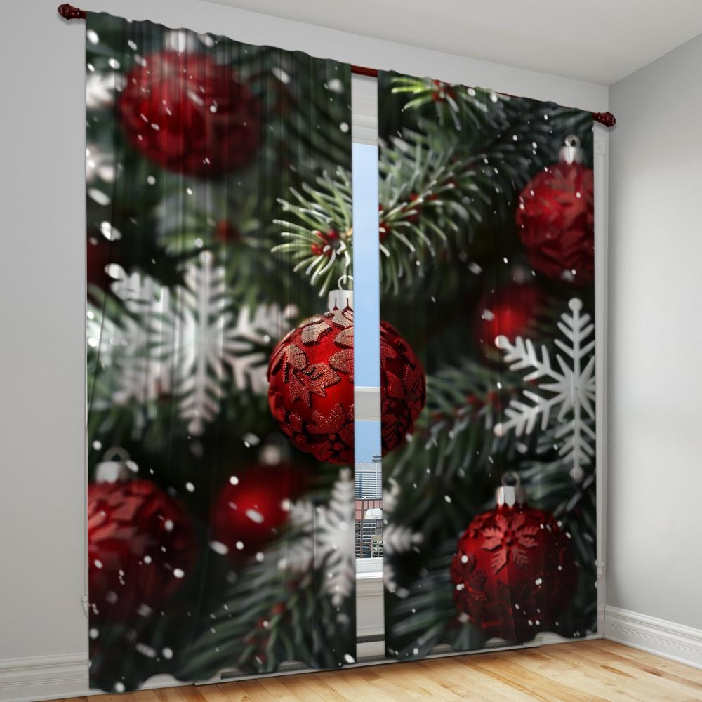 2 Pieces Christmas Deer Bell Pine Branch Patterns Curtains Rod Pocket Mount Digital Printed Polyester for Living Room Kitchen