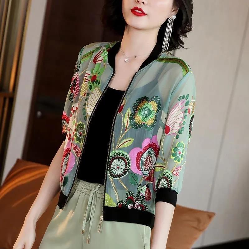 Summer Women's Chiffon Print Baseball Uniform Short Jacket Casual Loose Jacket Large Size Sun Protection Clothing