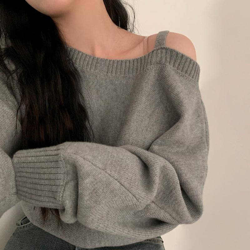 Winter Solid Vintage Knitted Pullovers Women Sexy Off Shoulder Sweaters Fashion Tops Female Korean Fashion Casual Chic Clothes