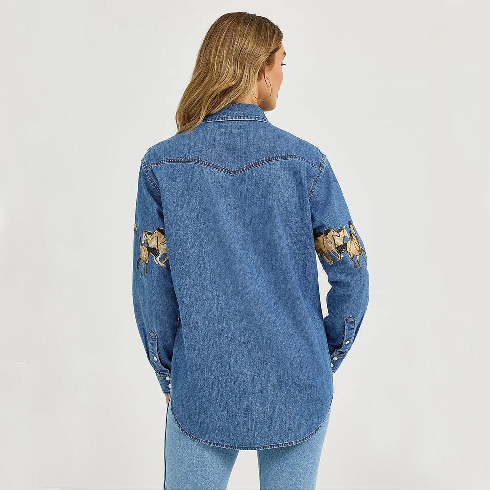 Autumn Retro Denim Lapel Shirt and Fashionable Wild Horse Print Denim Jacket