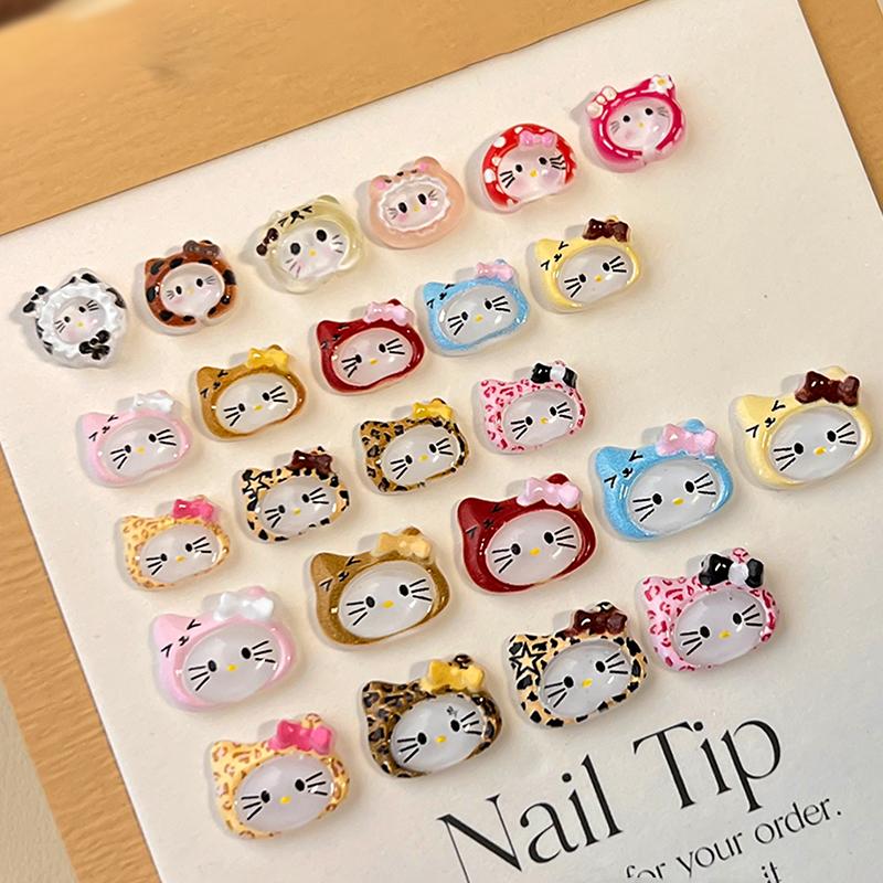 10Pcs/Bag 3D Cartoon Hello Kitty Nail Charms Mixed Resin Kitty Cat With Bowknot Nail Art Decoration Kawaii Glittery Kt Nail Part