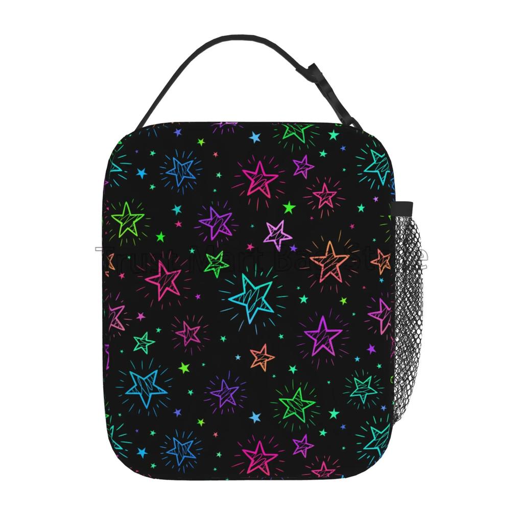 Colorful Neon Rainbow Bright Stars Insulated Lunch Bag Portable Reusable Waterproof Lunch Box Thermal Cooler Tote for Boys Girls