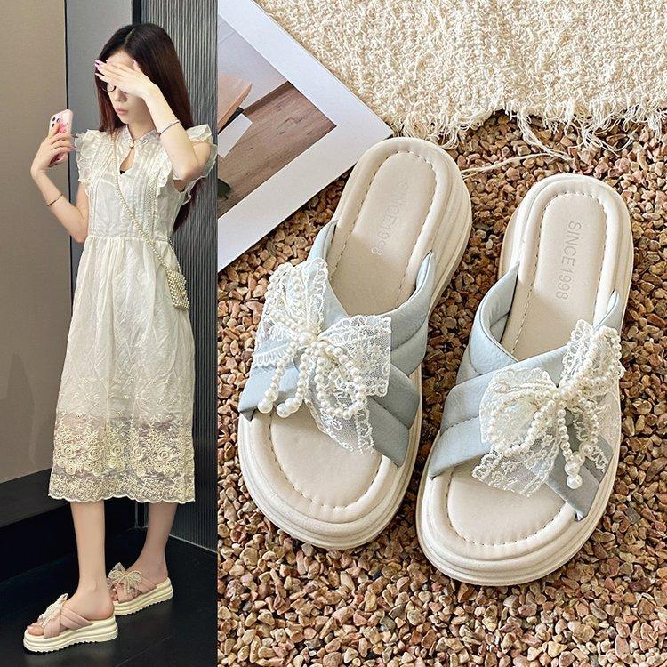Fashion Butterfly-Knot Beach Shoes Slippers Casual Low Slipers Women Slides Lace Sabot Luxury 2025 Soft Summer Rome Butterfly-knot Rubbe