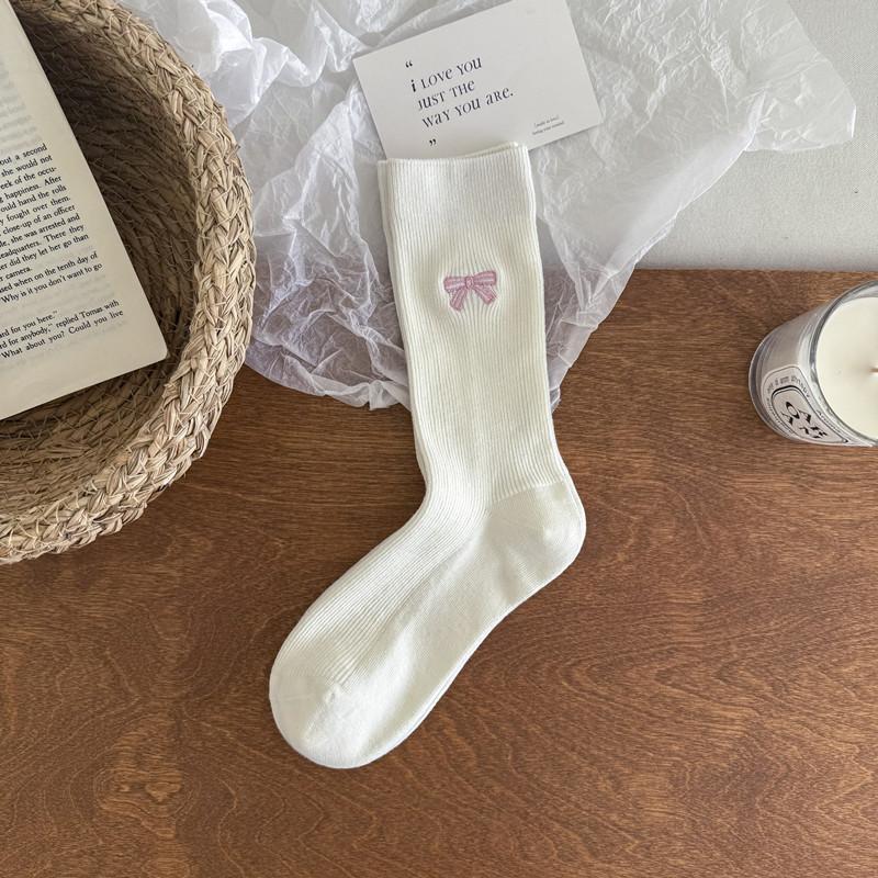Solid Color Style Double Needle Simple Stacked Socks Medium Tube Socks Girls' Stockings Embroidered Bow Boneless Vertical Strips
