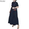 ZANZEA Women Casual Turn Down Collar Loose Short Sleeve Long Dress