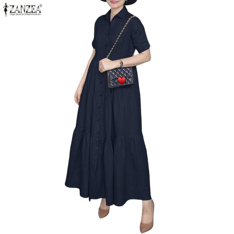 ZANZEA Women Casual Turn Down Collar Loose Short Sleeve Long Dress