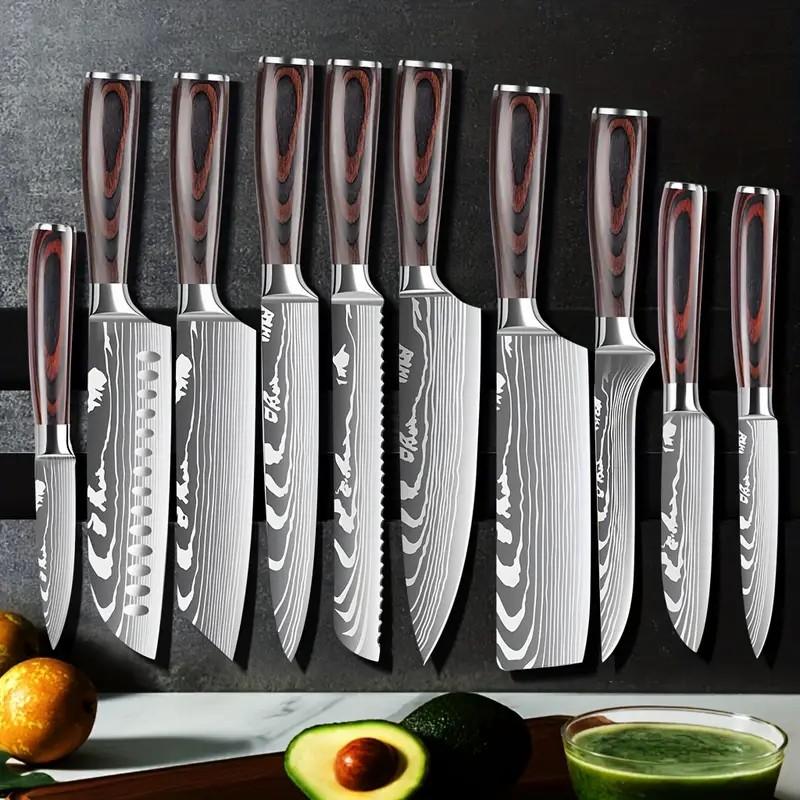 10dílná prémiová sada kuchyňských nožů z nerezové oceli DIY třída Dřevo Pakka Santoku Nakiri Krájecí Univerzální OEM Vykosťovací Kráječ Nože