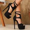 Sandalias de Tacón 16cm para Mujer Piel de Ante Zapatos de Plataforma Negros Punta Abierta Sexy Correas en el Tobillo Tacones Talla 35-42 Sandalias Mujer