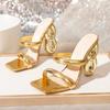 Fashion 2025 New Fashion Golden Narrow Band Square Toe Women's Sandals Designer Fretwork High Heels Ankle Buckle Strap Ladies Shoes