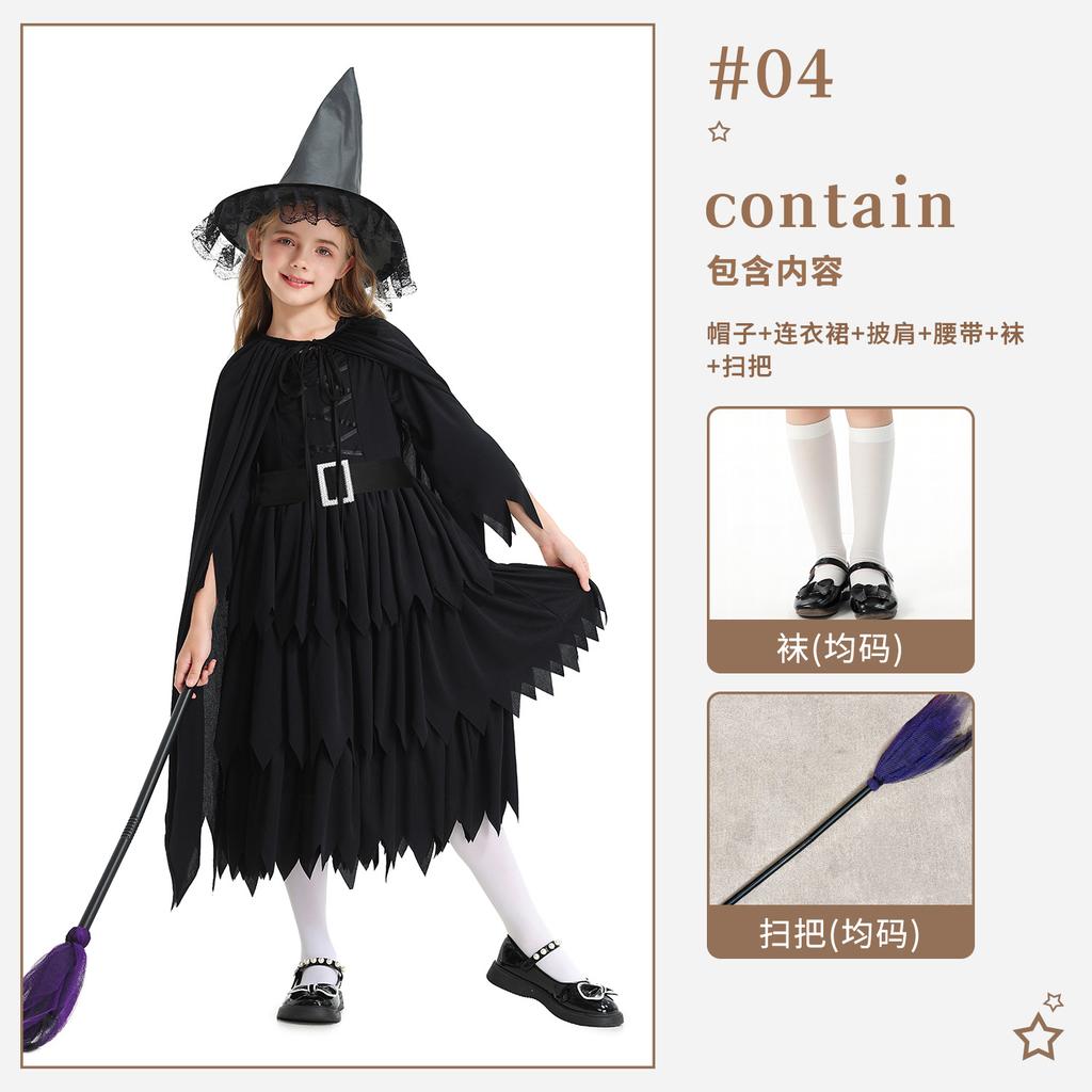Halloween kinder kostuums meisjes bezem heks kostuum heksenhoed jurk sjaal cape carnavalskostuum