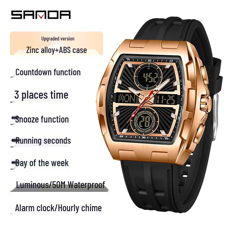 SANDA Men's Steel Band Dual Display Watch with Multi-Time Zone, Night Glow, and Waterproof Features
