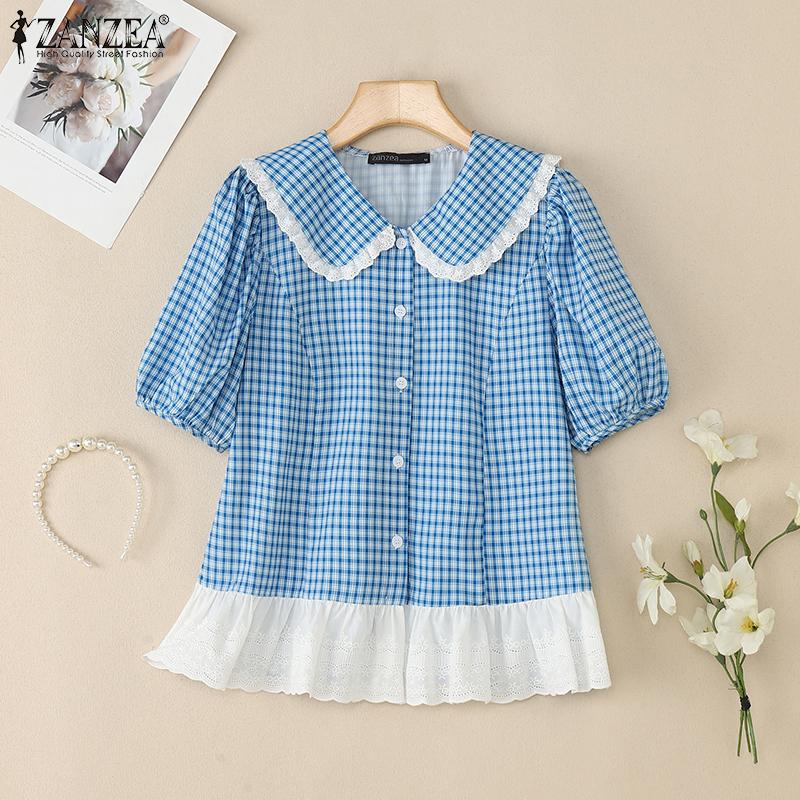 ZANZEA Women Casual Turn Down Collar Summer Short Sleeve Grid Blouse