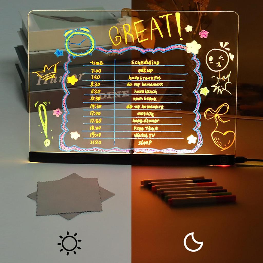 LED Drawing Board DIY Acrylic Board with Colour Pens Led Dry Erase Boards Glow Notepad Creative Memo Rewritable Practice Games