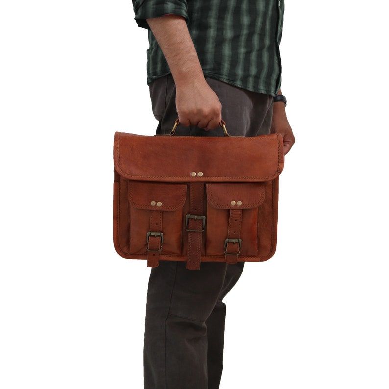 14" Leather Messenger Bag Laptop Case Office Briefcase Gift for Men Computer Distressed Shoulder Bag