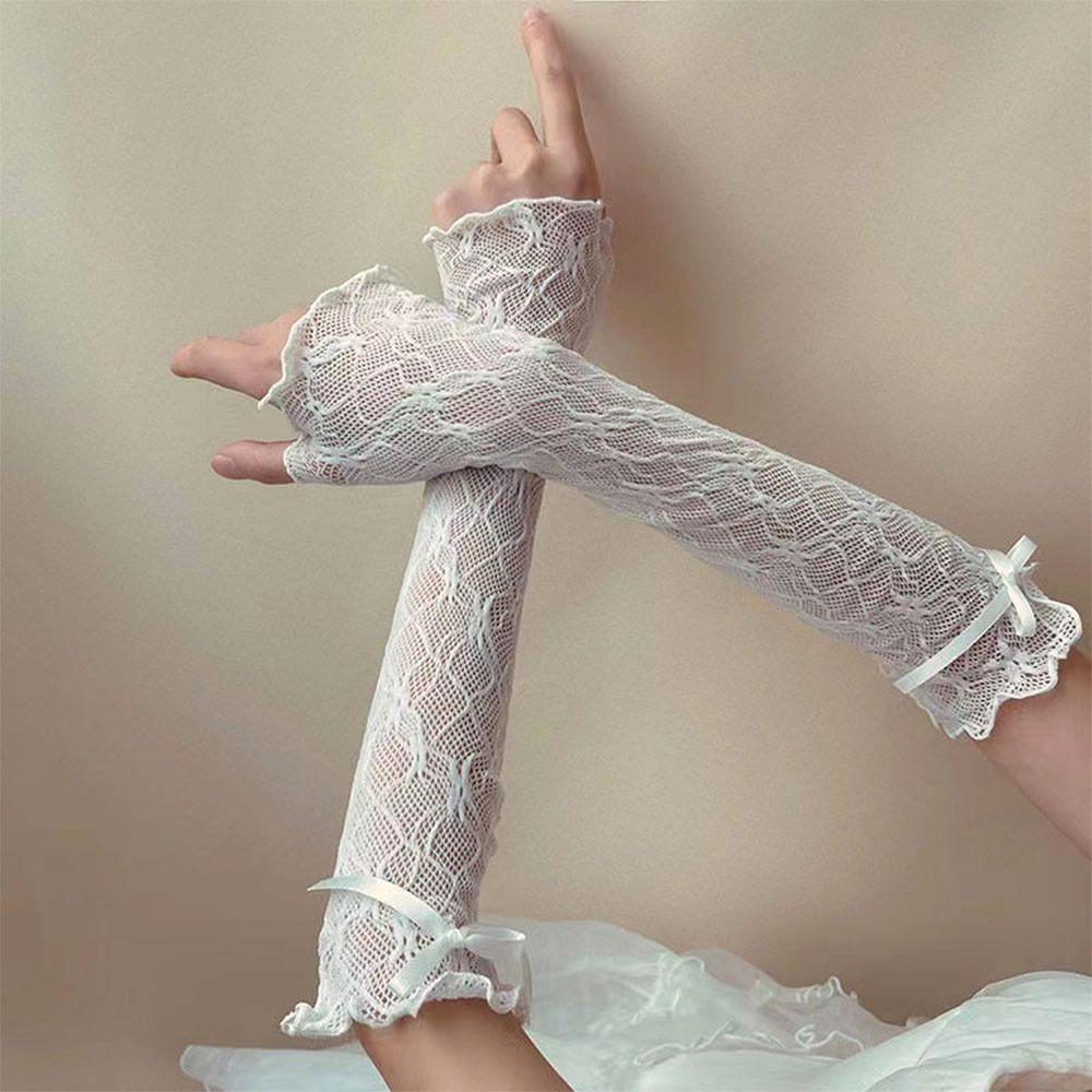 Black White Y2k Fingerless Mittens Lace Ruffle Arm Warmers Punk Lolita Lace Gloves  Women Girls