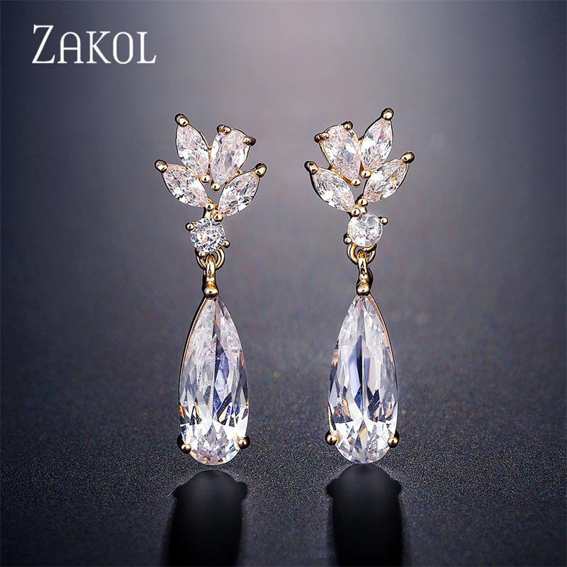 ZAKOL White Zircon Leaf Dangle Earrings for Women Shinny Water Drop Crystal Flower Pendant Earring Bridal Wedding Zircon