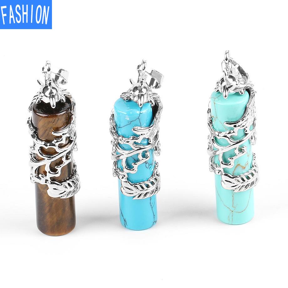 Creative Mascot Wrapped Natural Stone Cylindrical Pendant And Pink Crystal Necklace
