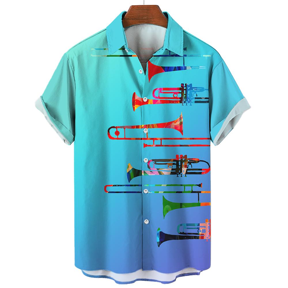 Hawaiian Rock Beach Shirt For Men 3d Saxophone Guitar Printed Colorful Music Short Sleeve Casual Oversized Tops Blouse