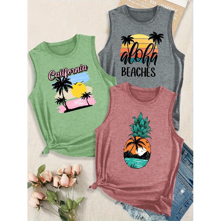 Simple summer design with coconut tree and English letter combination print pattern, round neck3Sleeveless vest spring/summer women's top