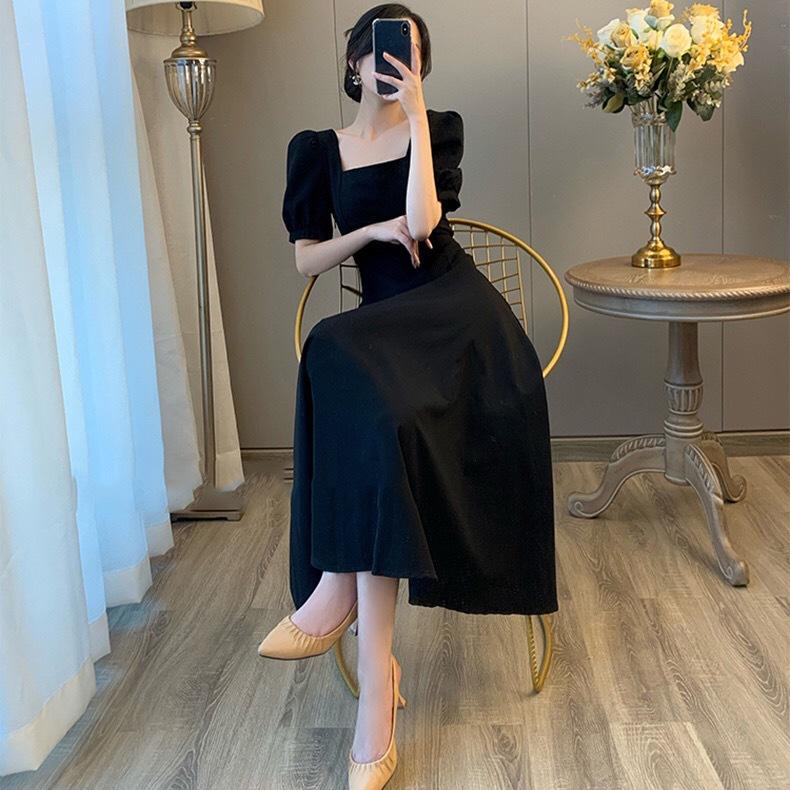 Black dress women's short-sleeved gram new temperament waist and thin square neck knee long dress small black dress