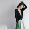 Horn Sleeves Contrasting Color Splicing Collar Knitted Cardigan Women's Early Autumn New Temperament Thin Slim Backing Sweater