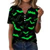 Women's Casual Halloween Print V Neck Button Front Three Quarter Sleeve T Shirt Top for Everyday Wear and Seasonal Occasions