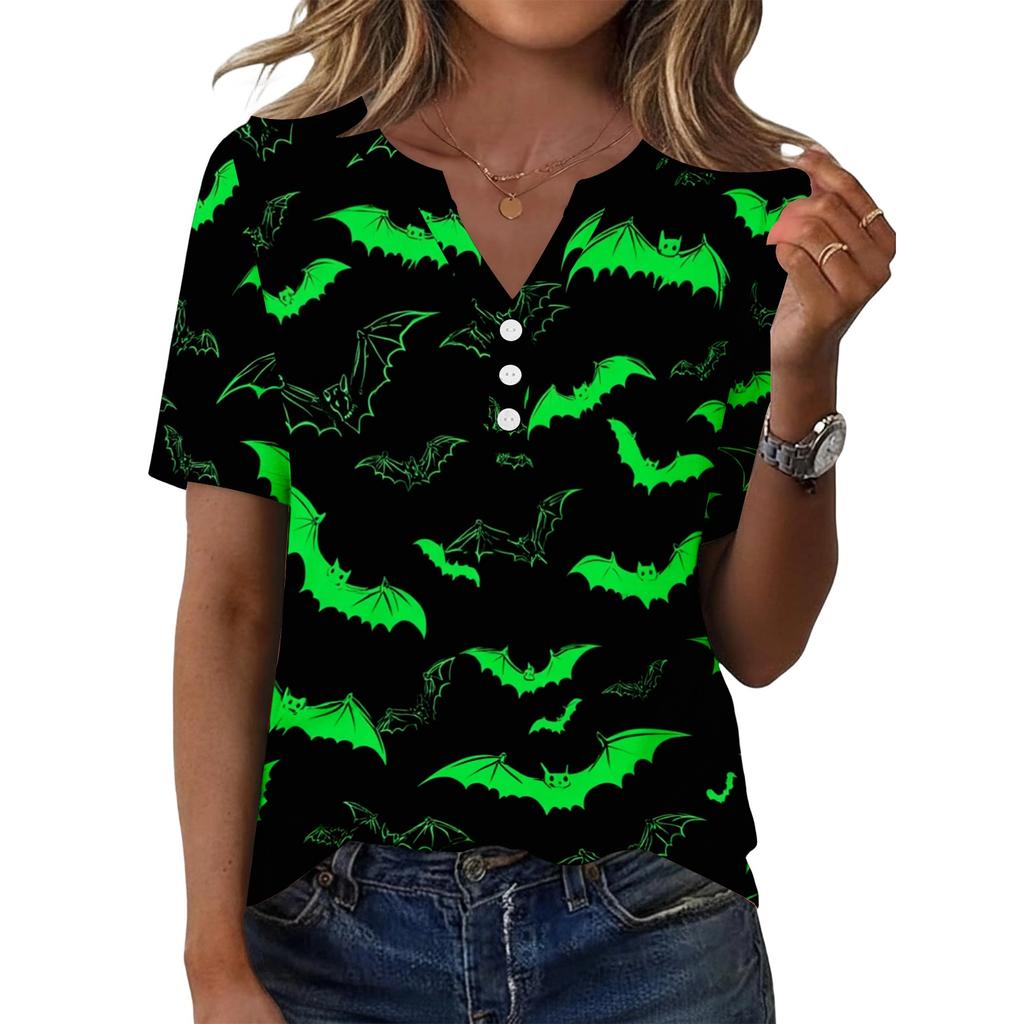 Women's Casual Halloween Print V Neck Button Front Three Quarter Sleeve T Shirt Top for Everyday Wear and Seasonal Occasions