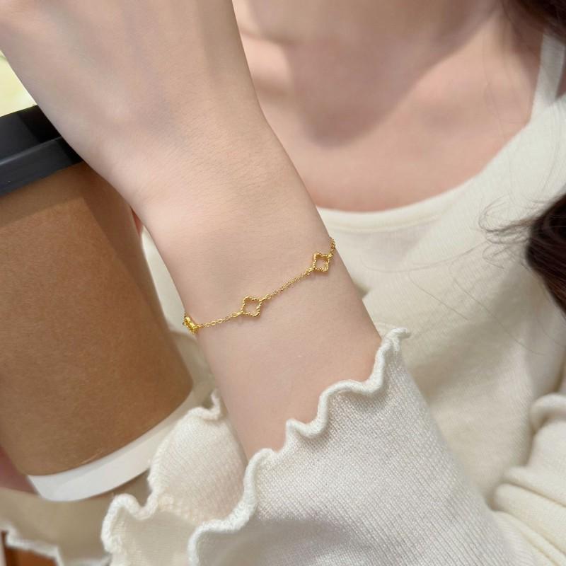 Sterling Hollow Four Leaf Clover Charm Bracelet Women 18K Gold Plated Minimalist Stackable Jewelry