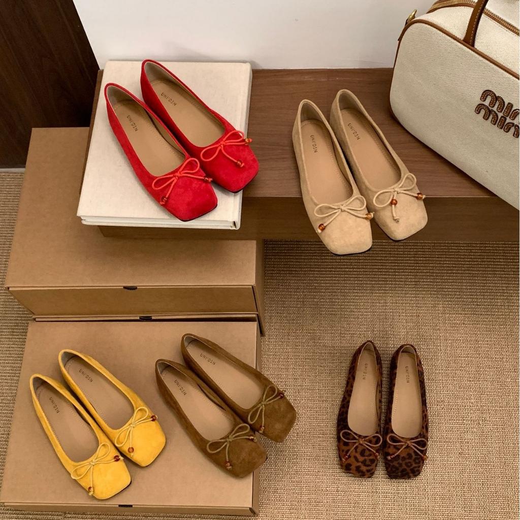 2025 new Korean version suede bow light mouth soft sole foot cover versatile ballet shoes with skirt women's single shoes