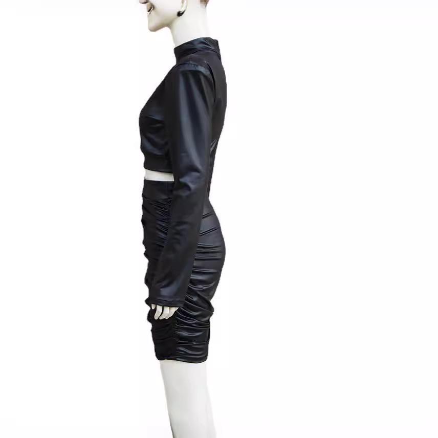 Women's 2022 Ruched Stand-up Collar Long Sleeve Two-piece Bodycon Dress