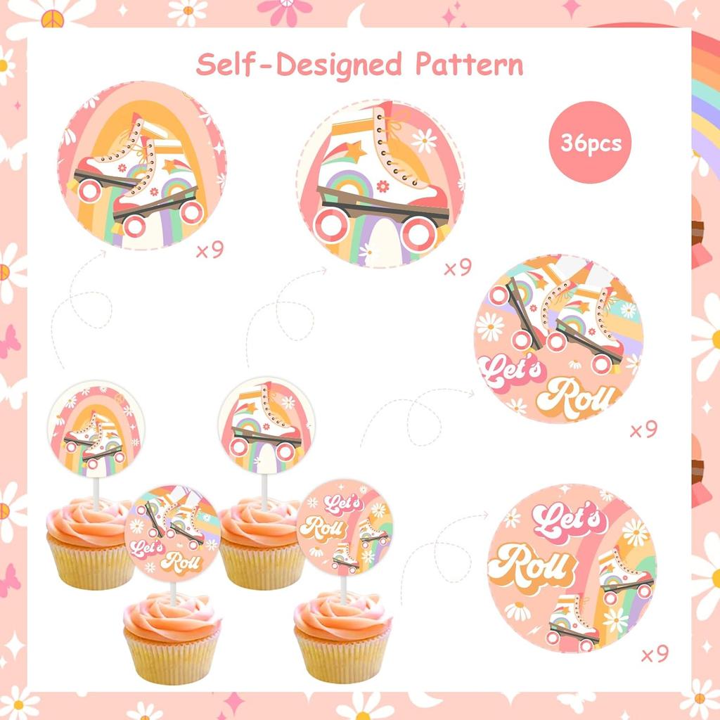 Cheereveal Roll Skating Birthday Decorations - 36 Pack Groovy Theme Let’s Roll Cupcake Toppers, Table Dessert Cupcake Picks, Happy Birthday Party