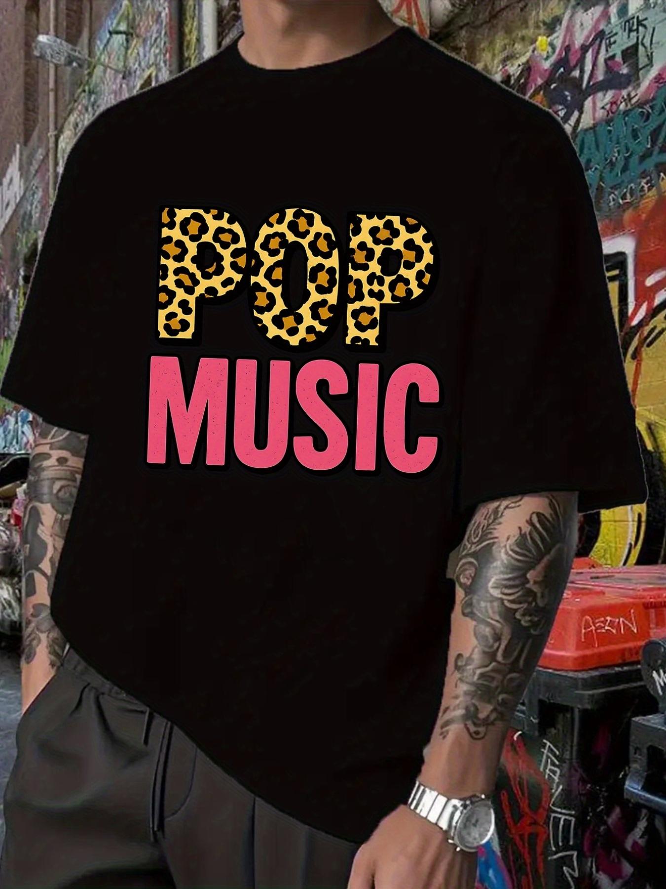 Black T-shirt with Leopard Print POP MUSIC Graphic - Stretchy Round Neck Tee for Concerts M