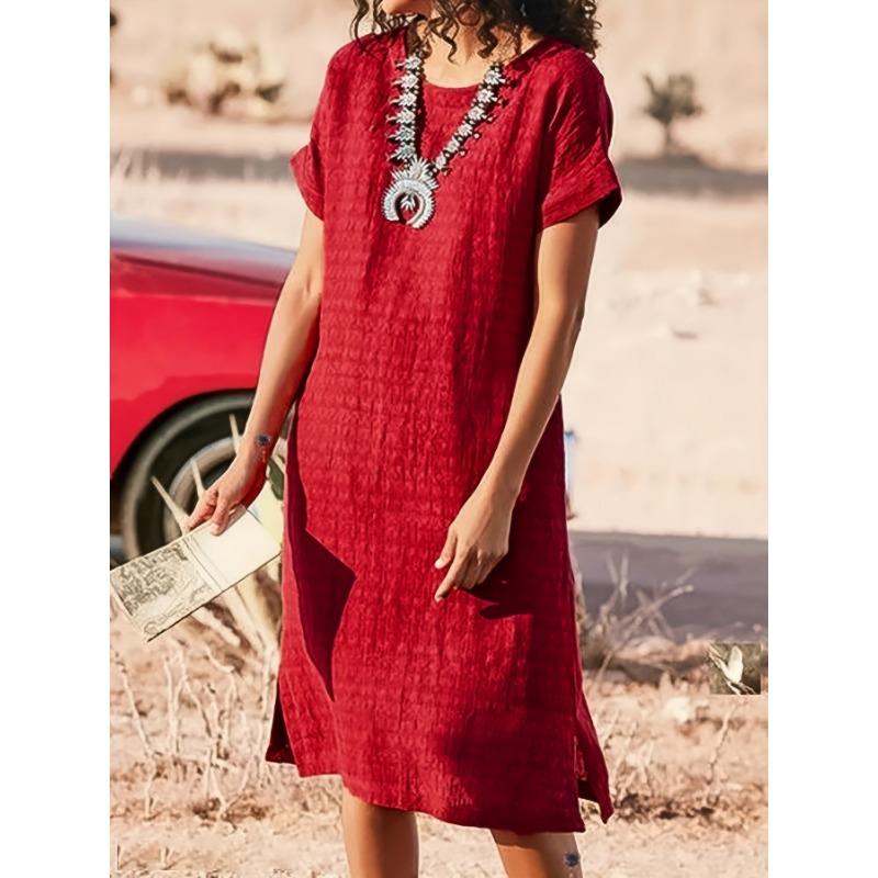 

Новая женская юбка с короткими рукавами, повседневное платье с короткими рукавами, круглым вырезом и разрезом по боковому шву S красный