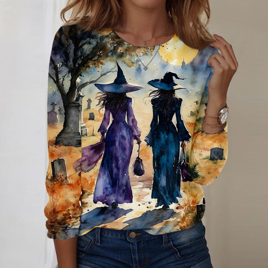 Women's Halloween Print Long Sleeve Neck Loose Fit Tunic Top for Fall Casual Outfits