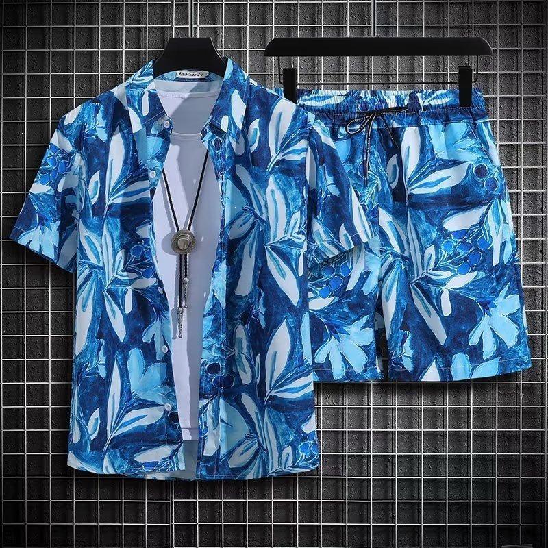 Men's Retro Floral Short-Sleeve Shirt & Beach Shorts Set for Seaside Vacations