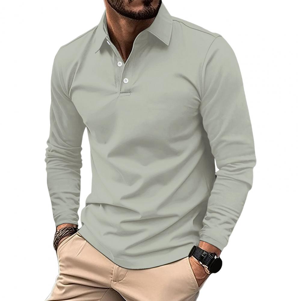 Men Summer Blouse Buttoned Turn-down Collar Pullover Long Sleeves Mid Length Single Color Leisure Business Style Top