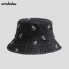 Watermelon embroidered denim bucket hat men's wide eaves sunshade fashionable versatile face small bucket hat girls sunscreen hat