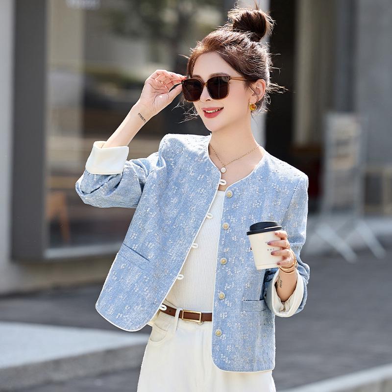 2025 Frühling Damen Retro Pailletten Rundhalsjacke HE5011