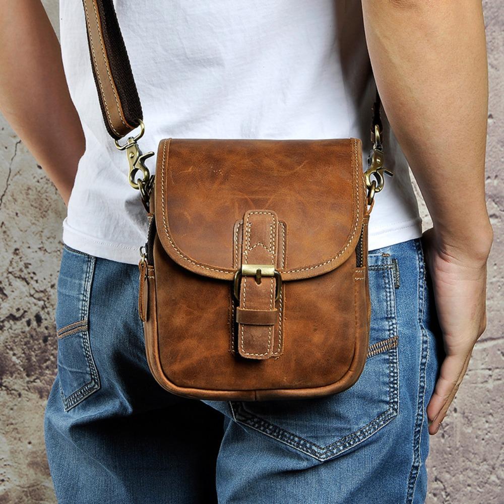 Men Genuine Crazy Horse Leather Waist Pack 7-Inch Vintage Outdoor Hip Bag with Hook Phone Camera Pouch Male Crossbody Bags
