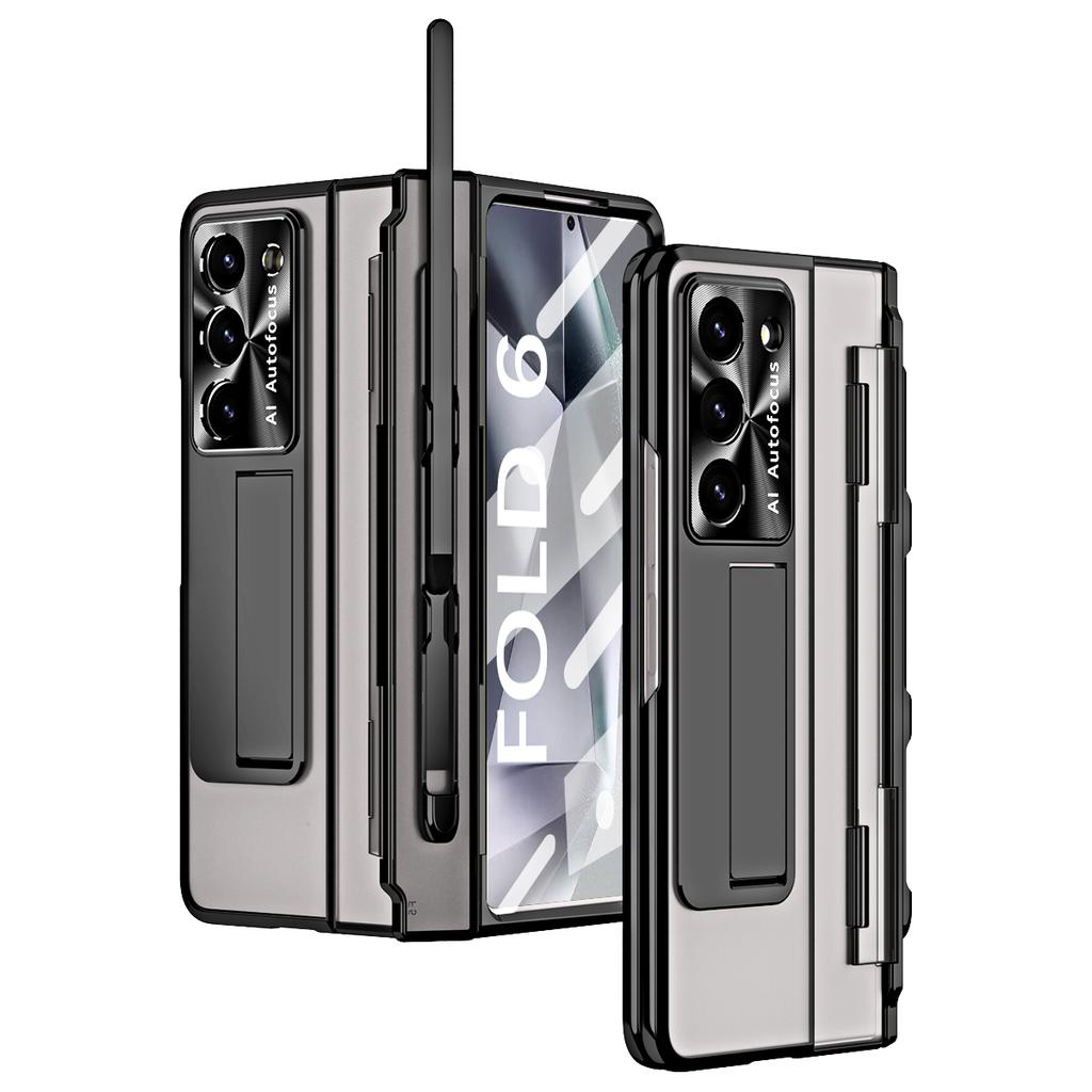 For Samsung Galaxy Z Fold6 5G Kickstand Phone Case PC Folding Cover with Tempered Glass Film+Stylus Pen