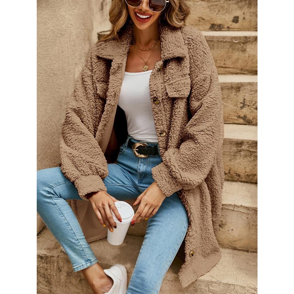 Women's Winter Long Loose Plush Coat, Turn-down Collar Buttoned Open Front Oversized Warm Overcoat for Women, European & American Style