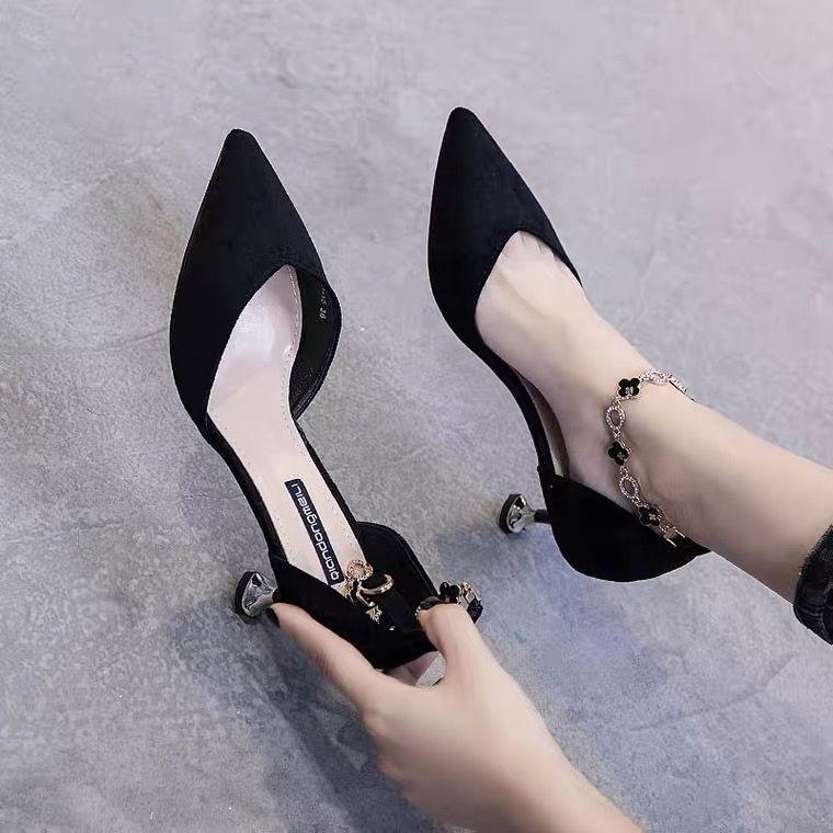 Autumn Women's Shoes 2025 New One-word Buckle High Heels Thin Heel Versatile Pointed Head Shallow Mouth Single Shoes Fairy Fairy Wind Middle Heel